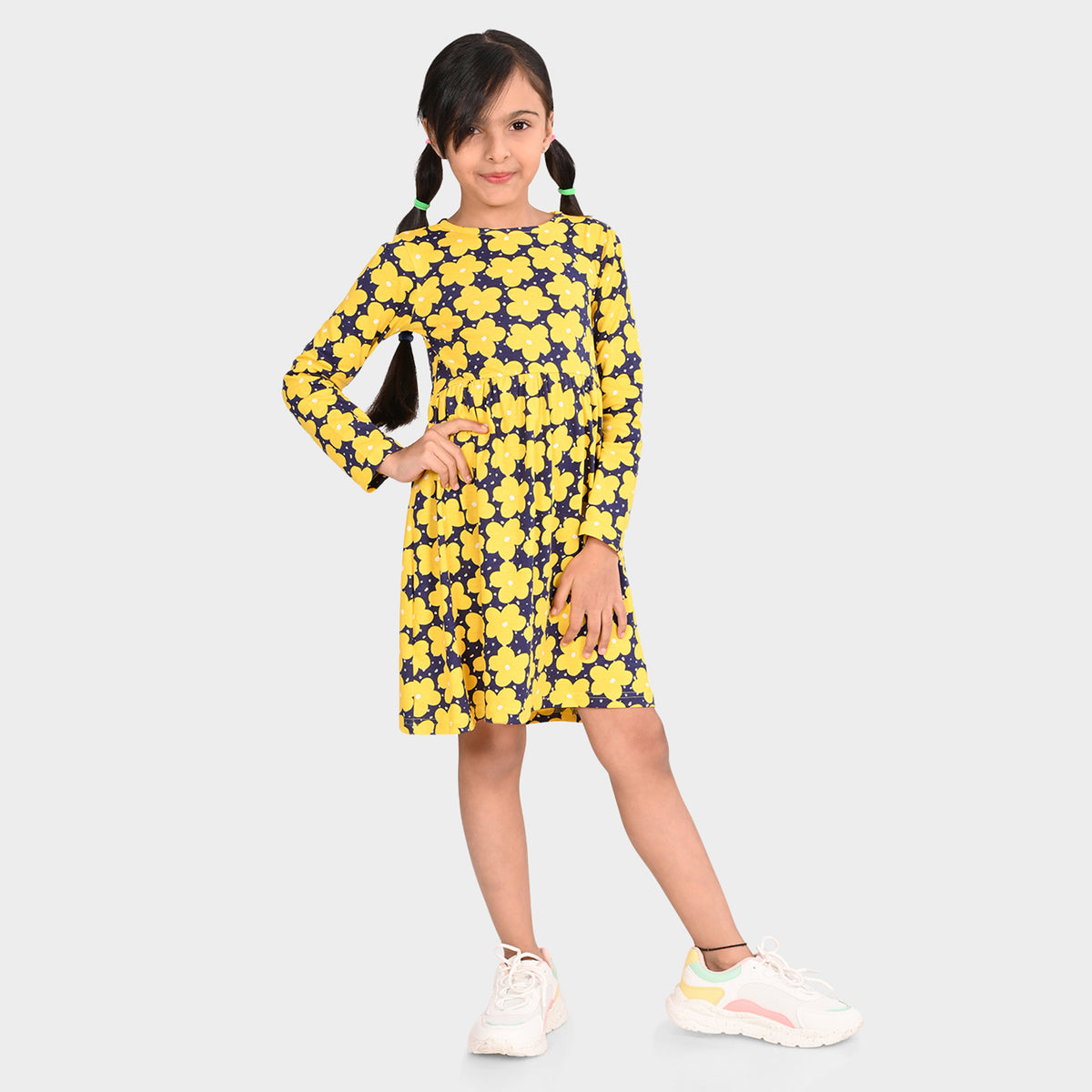 Girls Yellow Printed Cotton Full sleeves Dress BONKIDS