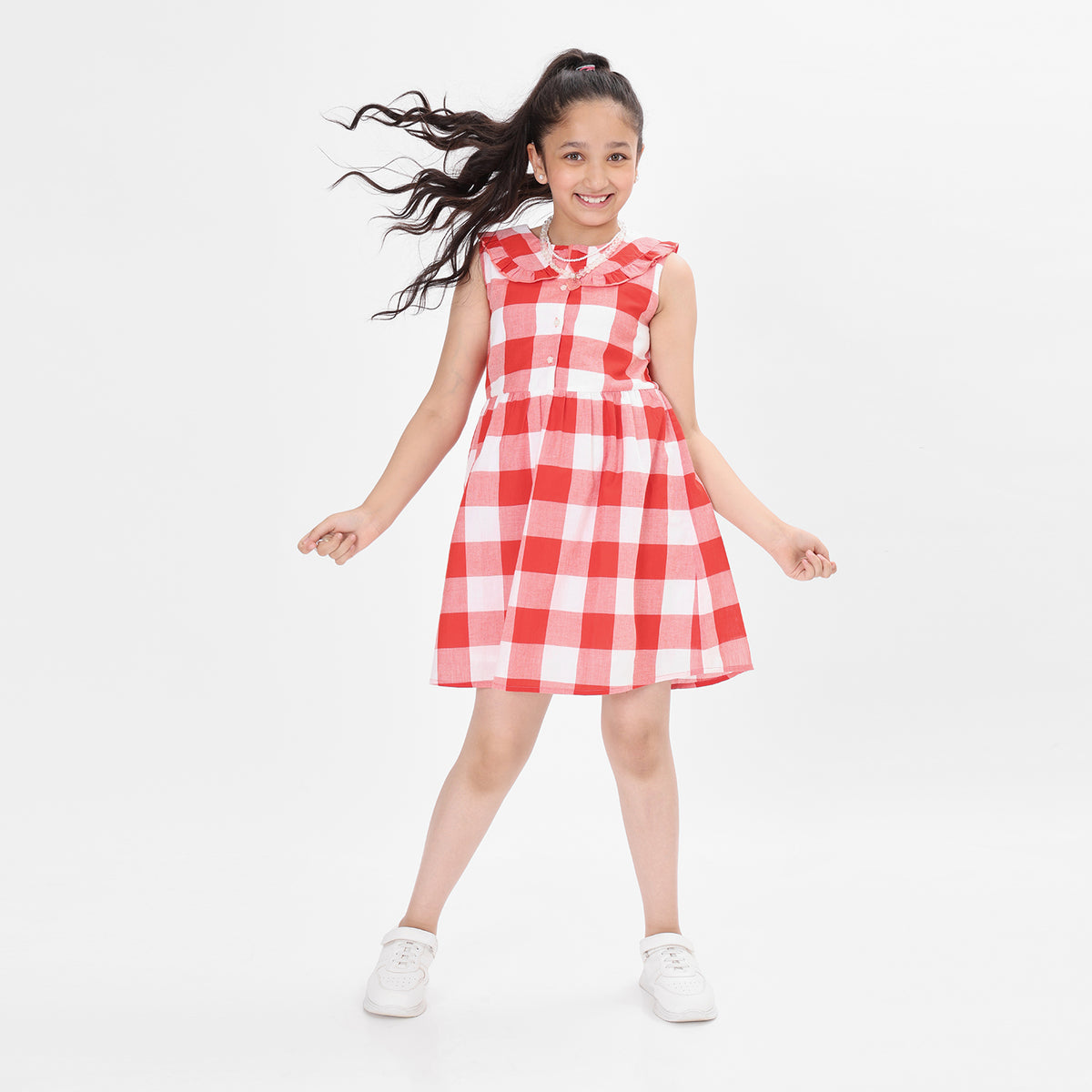 Girl White Red Checks Frock - White main image 1