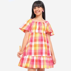Girls Flared Sleeves Checkered Casual Cotton Dress