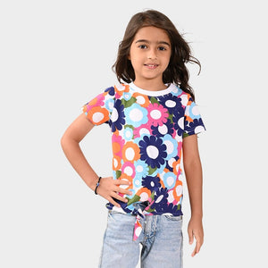 Girls Knoted Croped Print Cotton Tshirt