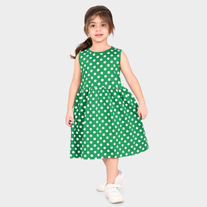 Girls Green Doted Casual Dres