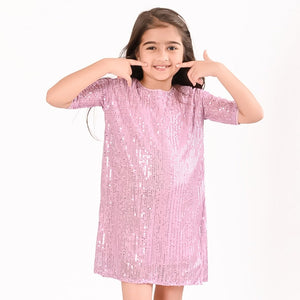 Girls Pink Sequence Oversized Party Dress