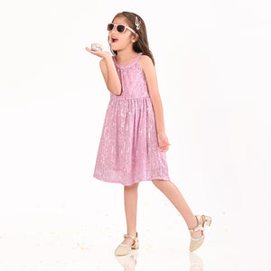 Girls Pink Sequence Oversized Sleeveless Party Dress