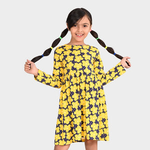 Girls Yellow Printed Cotton Full sleeves Dress