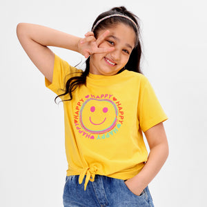 Girls Knotted Printed Yellow Cotton Tshirt