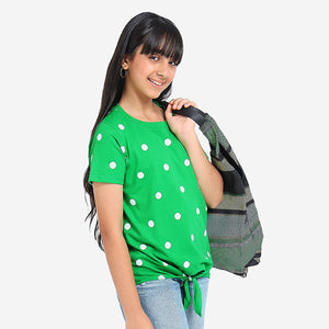 Girls Green Printed Knotted Cotton Top