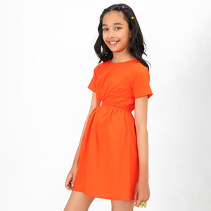 Girls Soid Cutout Structured Orange Cotton Dress